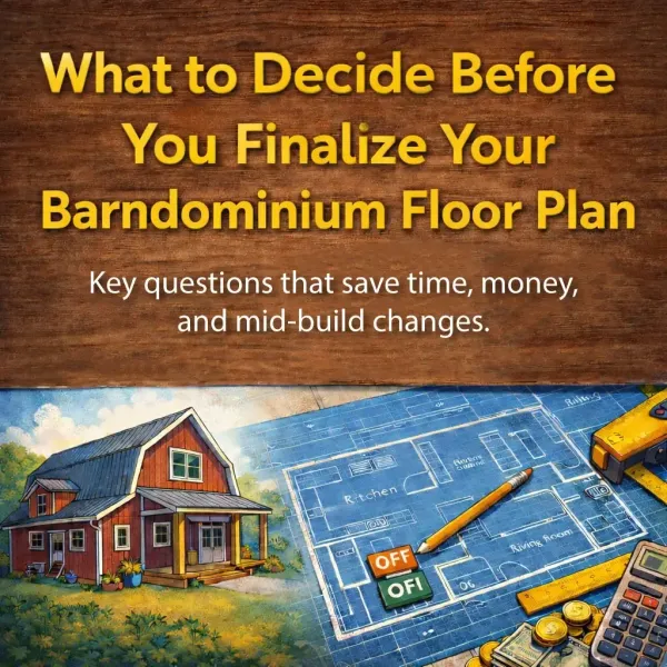Blog cover "What to Decide Before You Finalize Your Barndominium plans" with photos of a barn like house and blueprints.