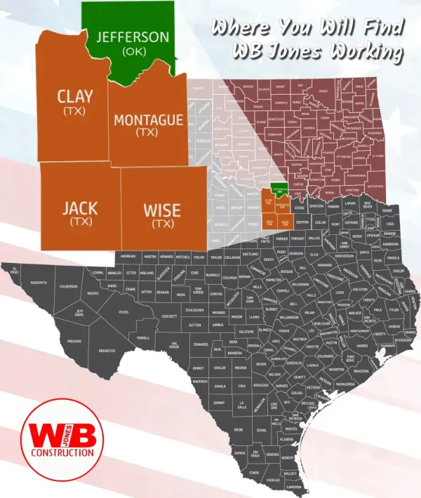 Blog cover "Where you will find WB Jones Working" showing a map of Texas with certain county's highlighted.