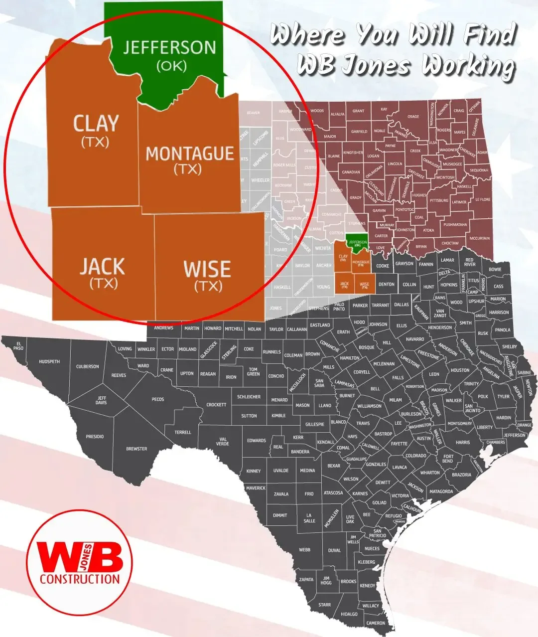 Where WB Jones works with texas map circling montague, wise, clay, jack, and Jefferson counties