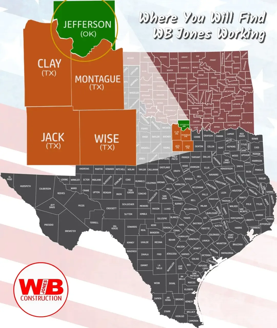 Where you will find WB Jones working with a circle around Jefferson County Oklahoma